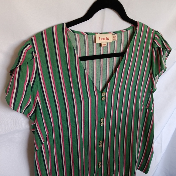 EUC Louche Striped Button Down Crop Short Sleeve Blouse - sz 10 - Picture 1 of 8